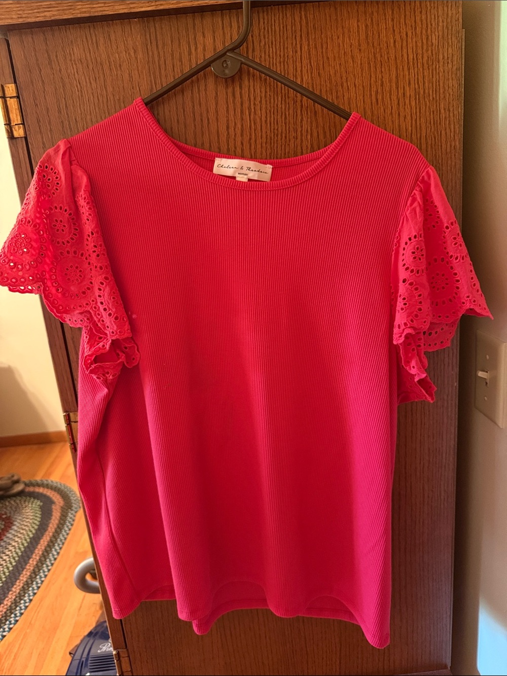Chelsea & Theodore Hot Pink Ribbed Top with Eyelet Flutter Sleeves
